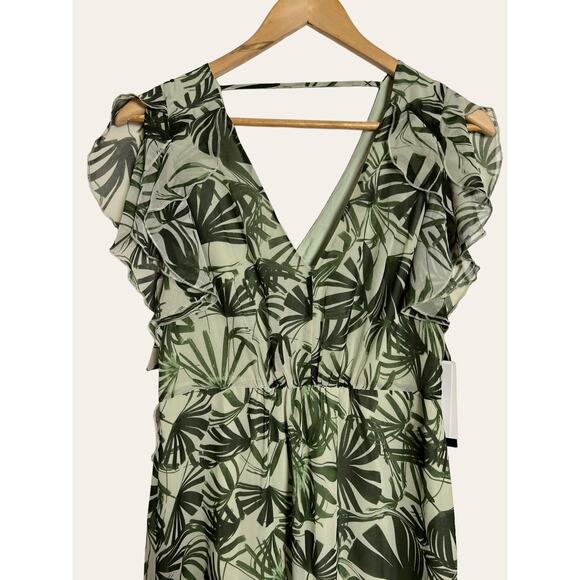H by Halston Palm Leaf Print Green Sheer V-Neck Ruffle Maxi Dress Size 2 - Picture 6 of 9